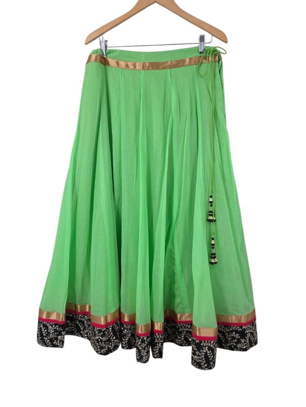 Handmade Bright Green Maxi Skirt with Metallic Trim Beaded